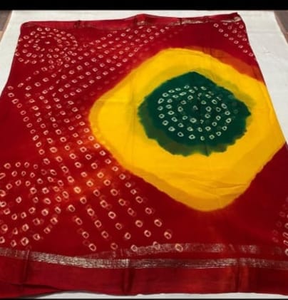 Pure Georgette Multicolor Satin Patta Border Bandhani Saree
