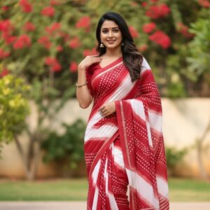 Pure Georgette Satan Border Red White Bandhani Saree