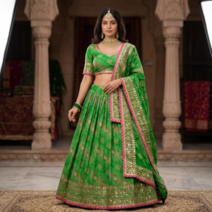 Elegant Foil Kota Doriya Bandhej Lehenga Set with Heavy Gota Patti Work