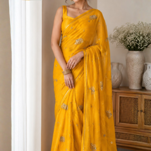Hathi Yellow Festive Synthetic Saree