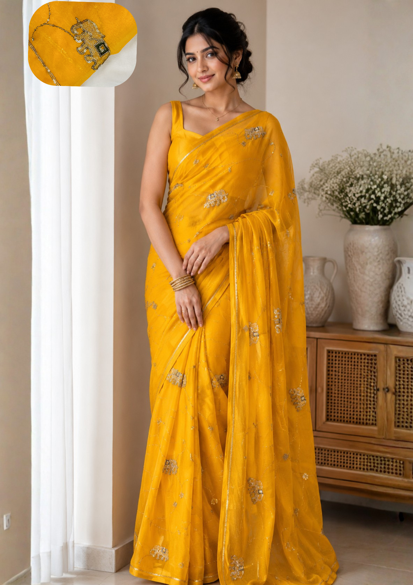 Hathi Yellow Festive Synthetic Saree