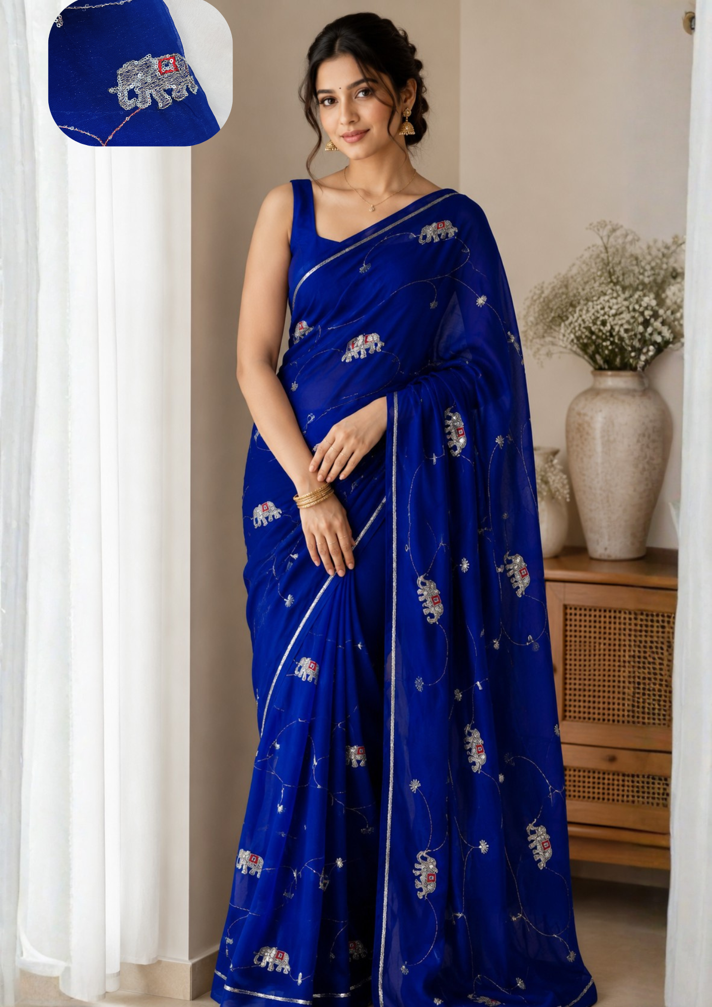 Majestic Blue Synthetic Saree