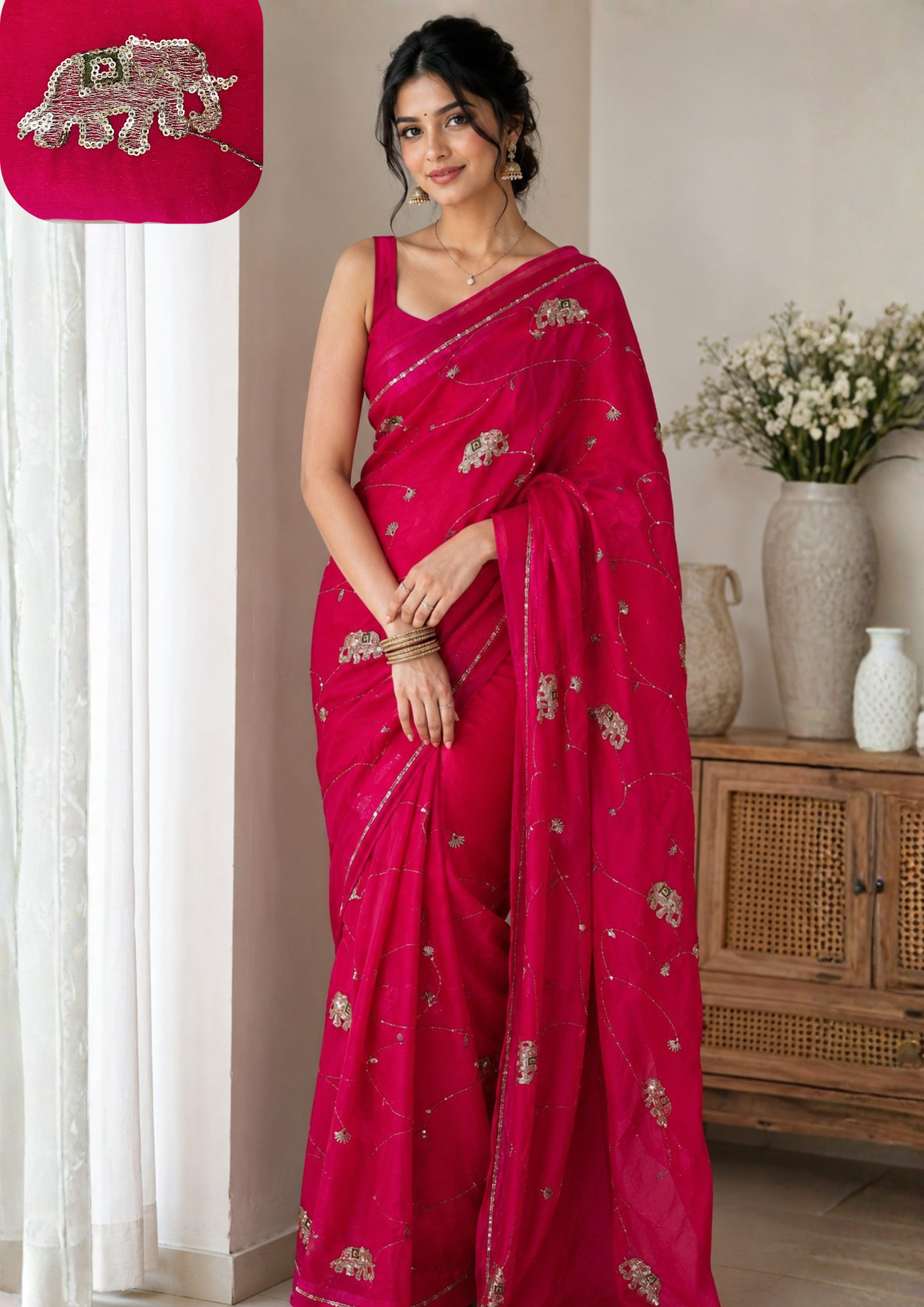 Synthetic Saree Silver Hathi Print Festive Charm